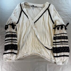 INC International Concepts White Boho Wrap Top with Black Crochet Accents